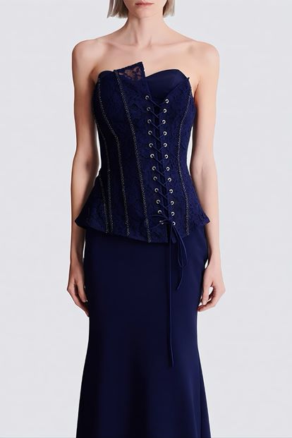 Lacivert Bağcıklı Korse Detaylı Abiye Elbise